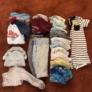 0-3 month Baby boy, beanies, pants, pj’s & onesies